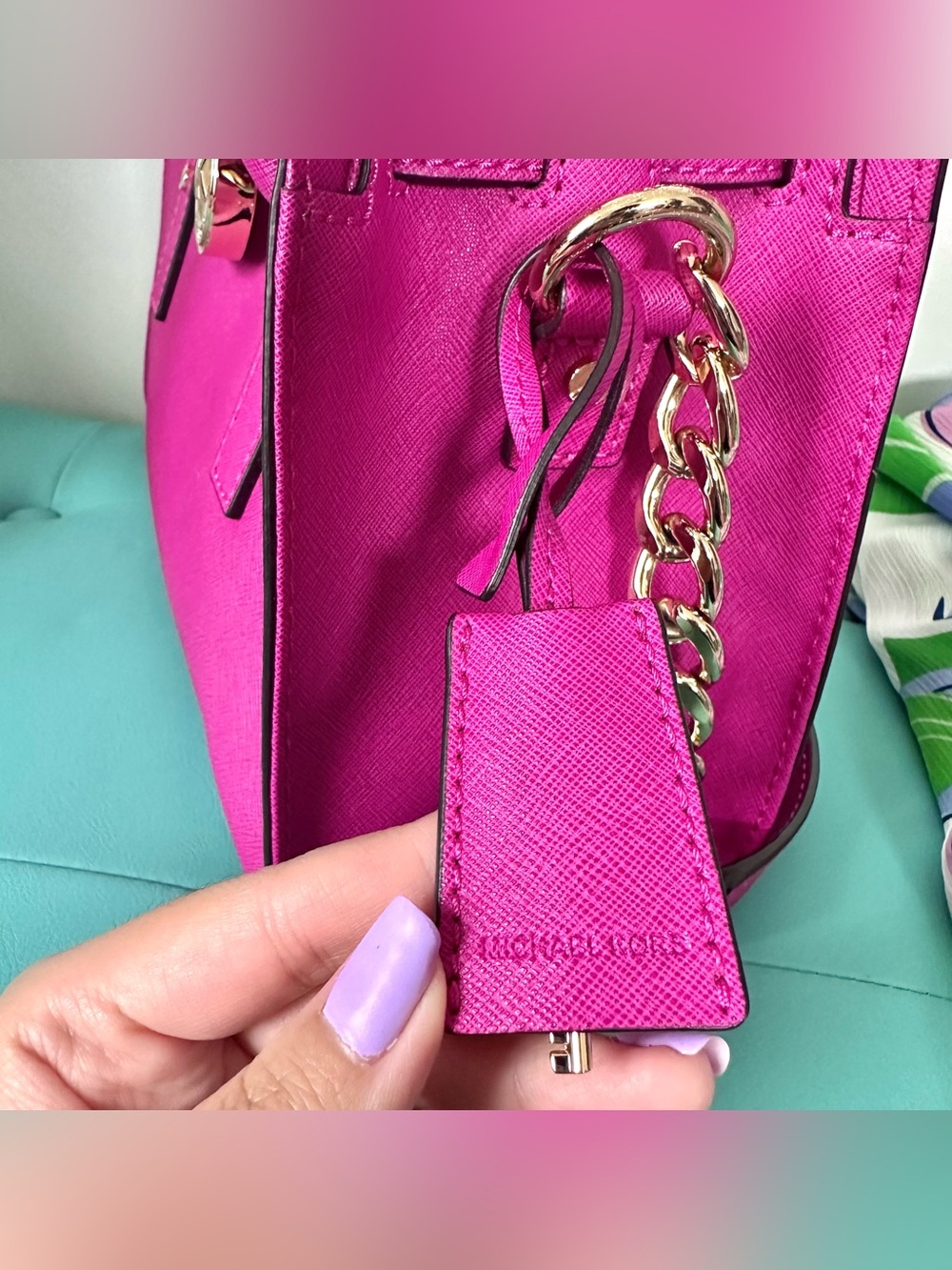 Vintage Hot Pink Michael Kors Hamilton Satchel Bag Gold Lock Charm Crossbody - Picture 8 of 11